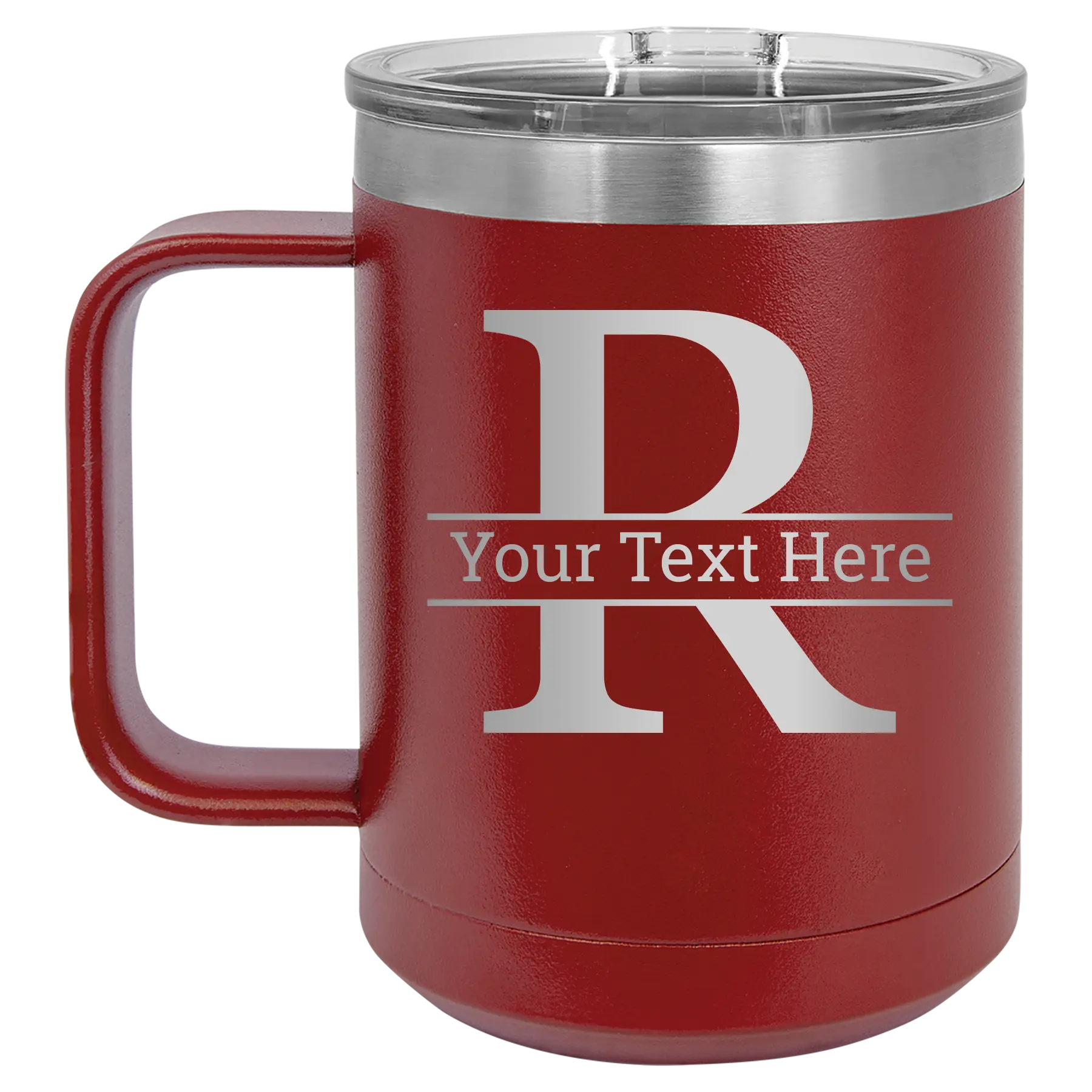Personalized maroon 15 oz vacuum insulated coffee mug with 'Monogram letter R' design