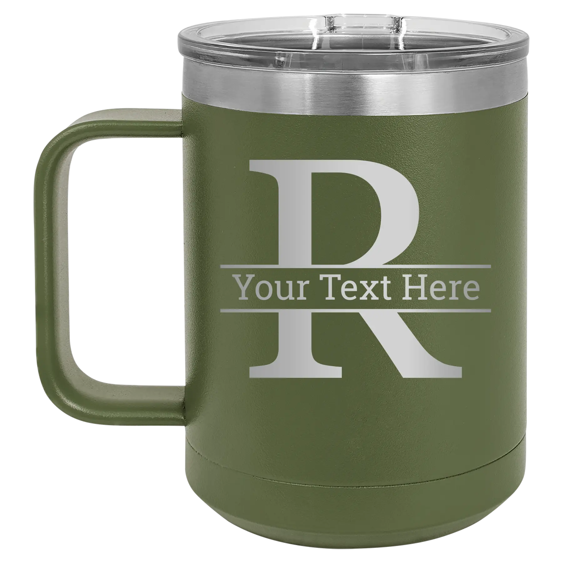 Personalized olive green 15 oz vacuum insulated coffee mug with 'Monogram letter R' design
