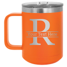 Personalized orange 15 oz vacuum insulated coffee mug with 'Monogram letter R' design