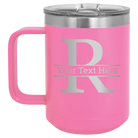 Personalized pink 15 oz vacuum insulated coffee mug with 'Monogram letter R' design