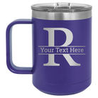 Personalized purple 15 oz vacuum insulated coffee mug with 'Monogram letter R' design