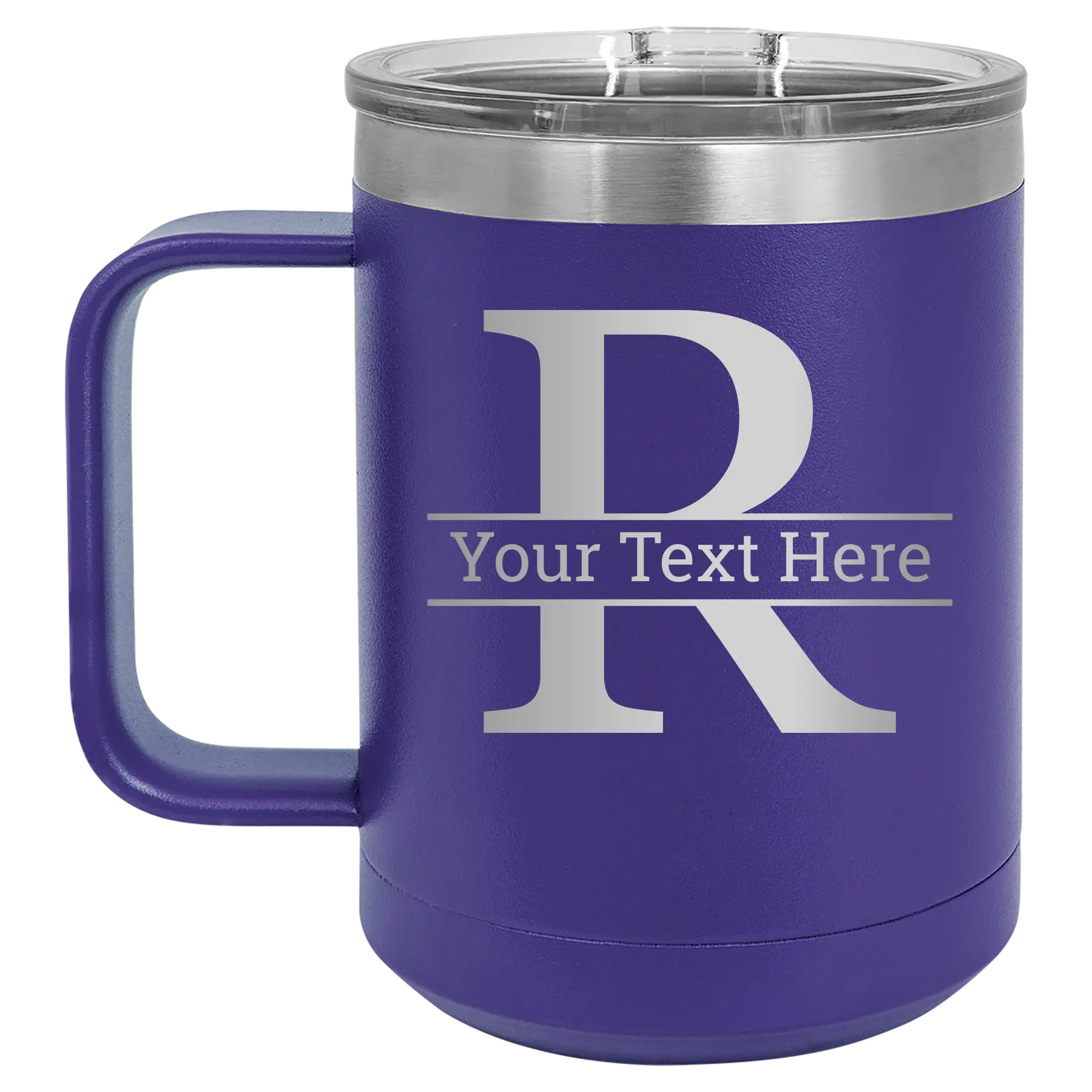 Personalized purple 15 oz vacuum insulated coffee mug with 'Monogram letter R' design
