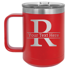 Personalized red 15 oz vacuum insulated coffee mug with 'Monogram letter R' design