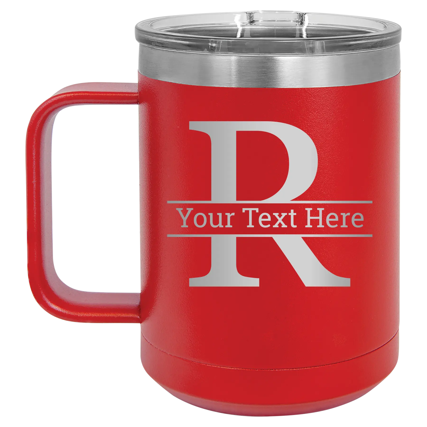 Personalized red 15 oz vacuum insulated coffee mug with 'Monogram letter R' design
