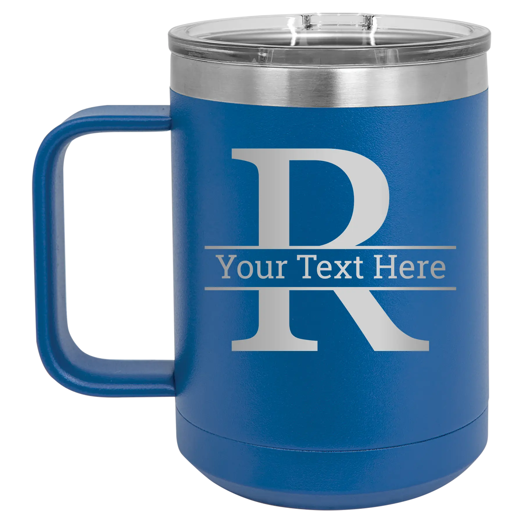 Personalized royal blue 15 oz vacuum insulated coffee mug with 'Monogram letter R' design