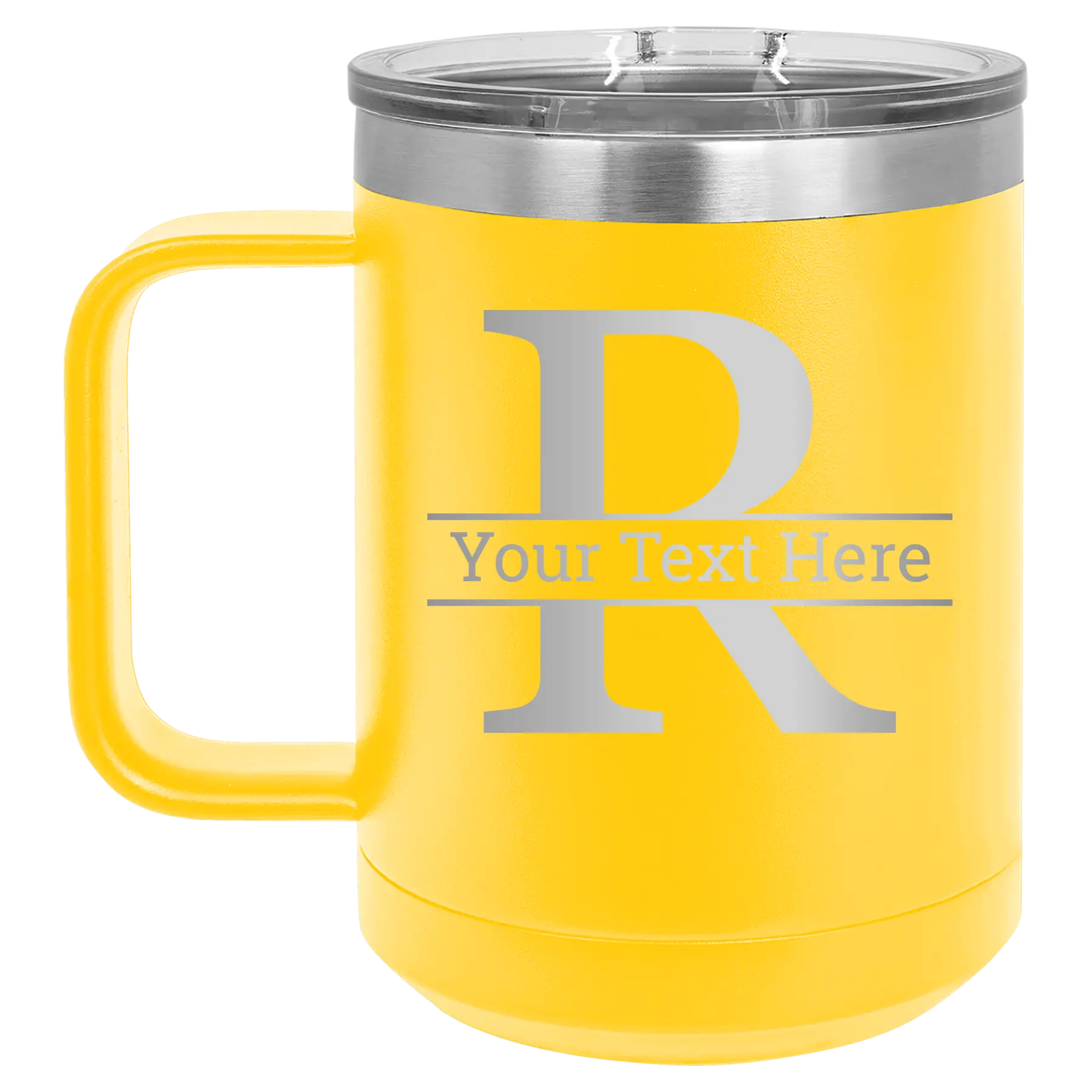 Personalized yellow 15 oz vacuum insulated coffee mug with 'Monogram letter R' design