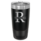 Personalized black 20 oz vacuum insulated tumbler with 'Monogram letter R' design