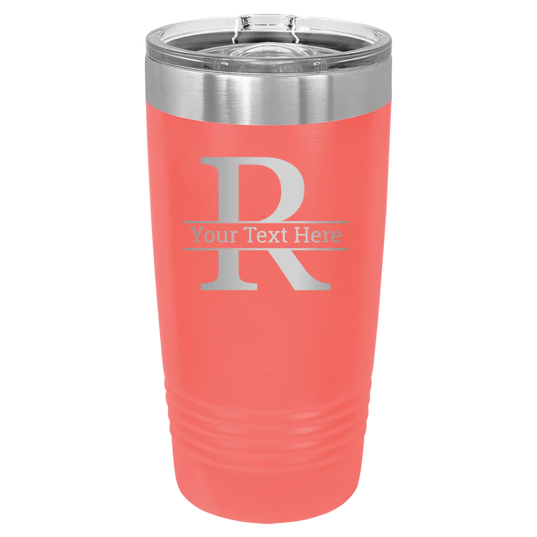 Personalized coral 20 oz vacuum insulated tumbler with 'Monogram letter R' design
