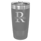Personalized dark gray 20 oz vacuum insulated tumbler with 'Monogram letter R' design
