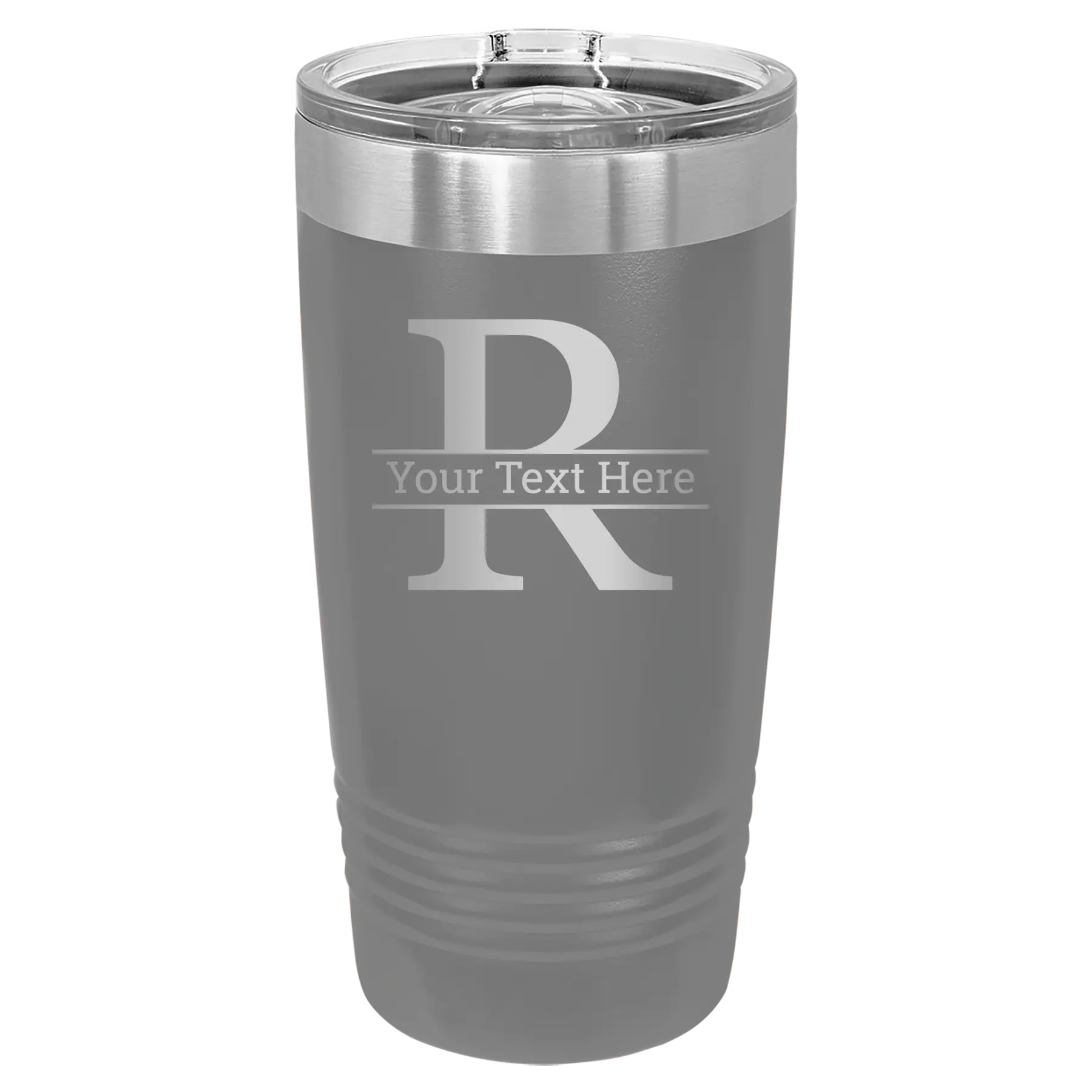 Personalized dark gray 20 oz vacuum insulated tumbler with 'Monogram letter R' design