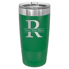 Personalized green 20 oz vacuum insulated tumbler with 'Monogram letter R' design