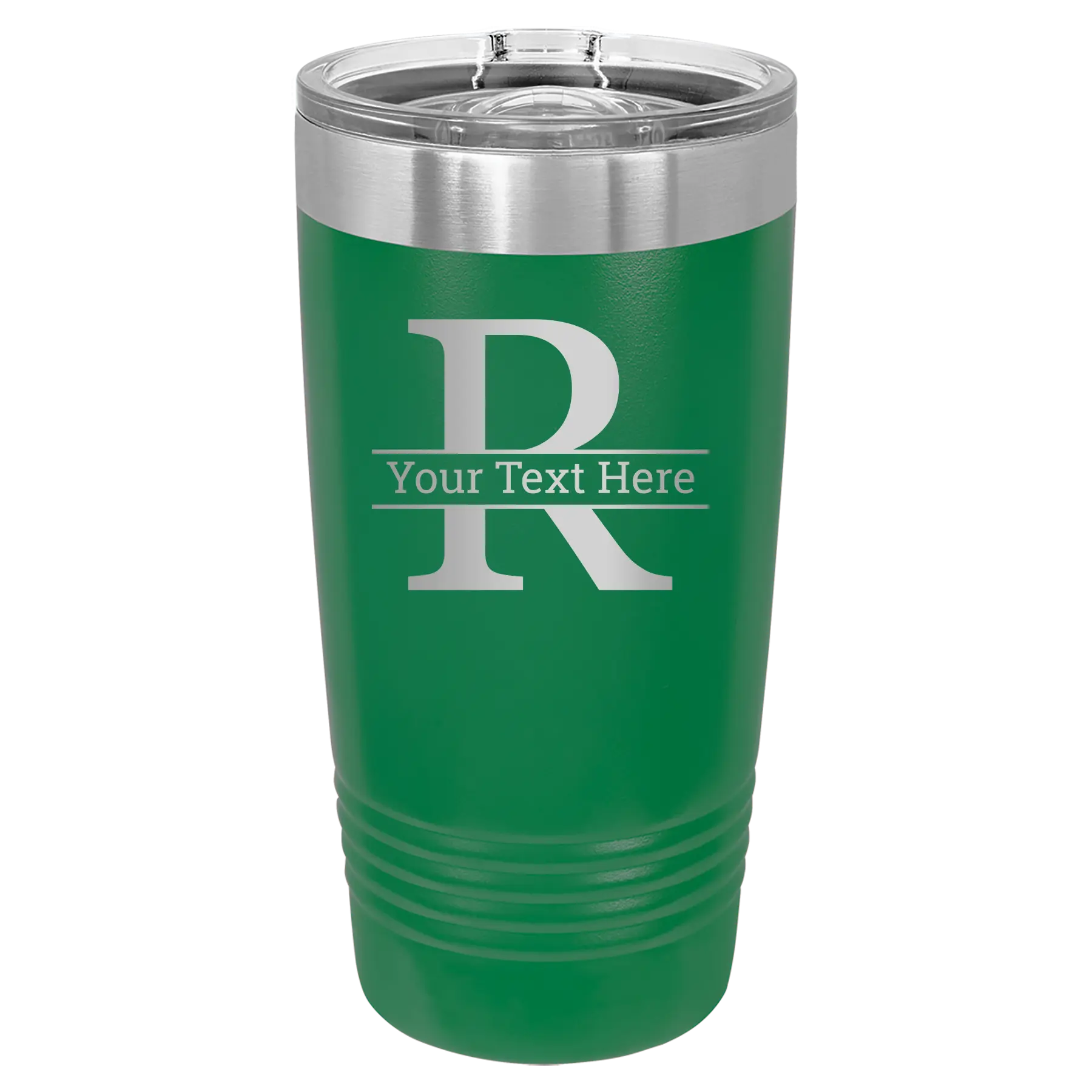 Personalized green 20 oz vacuum insulated tumbler with 'Monogram letter R' design