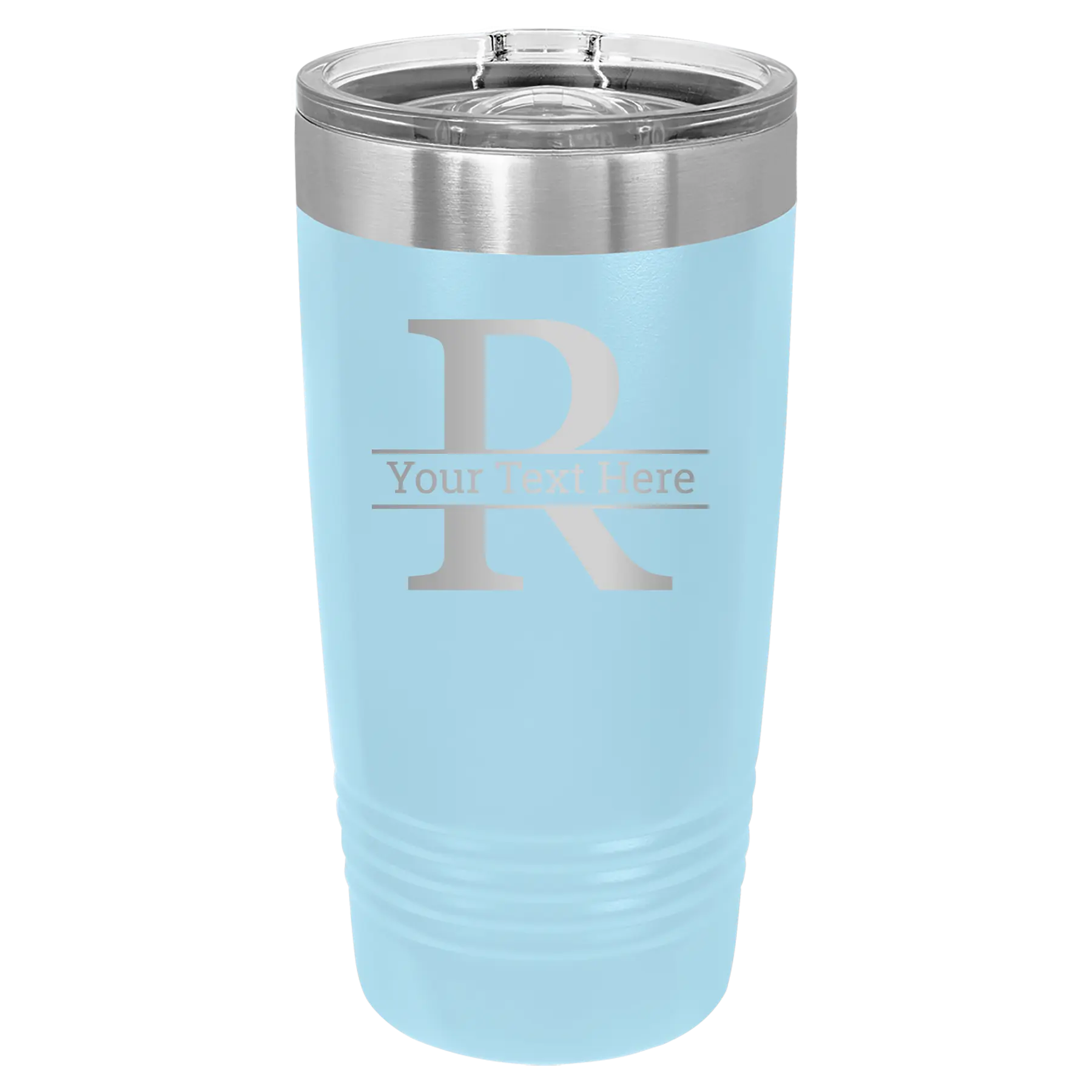 Personalized light blue 20 oz vacuum insulated tumbler with 'Monogram letter R' design