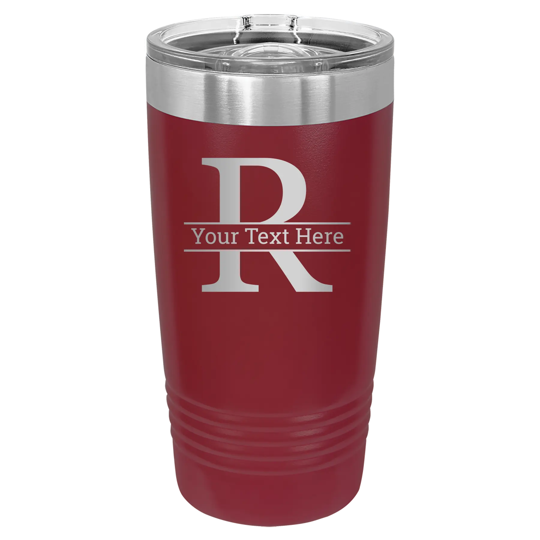 Personalized maroon 20 oz vacuum insulated tumbler with 'Monogram letter R' design