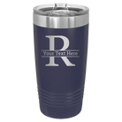 Personalized navy 20 oz vacuum insulated tumbler with 'Monogram letter R' design