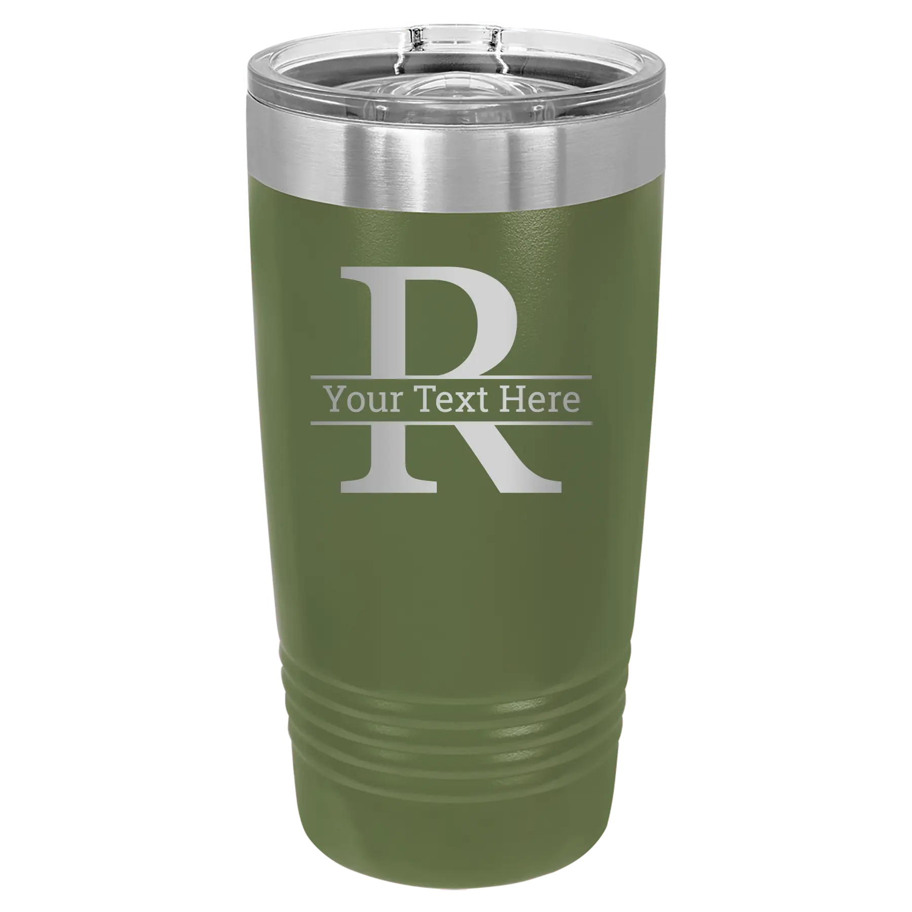 Personalized olive green 20 oz vacuum insulated tumbler with 'Monogram letter R' design