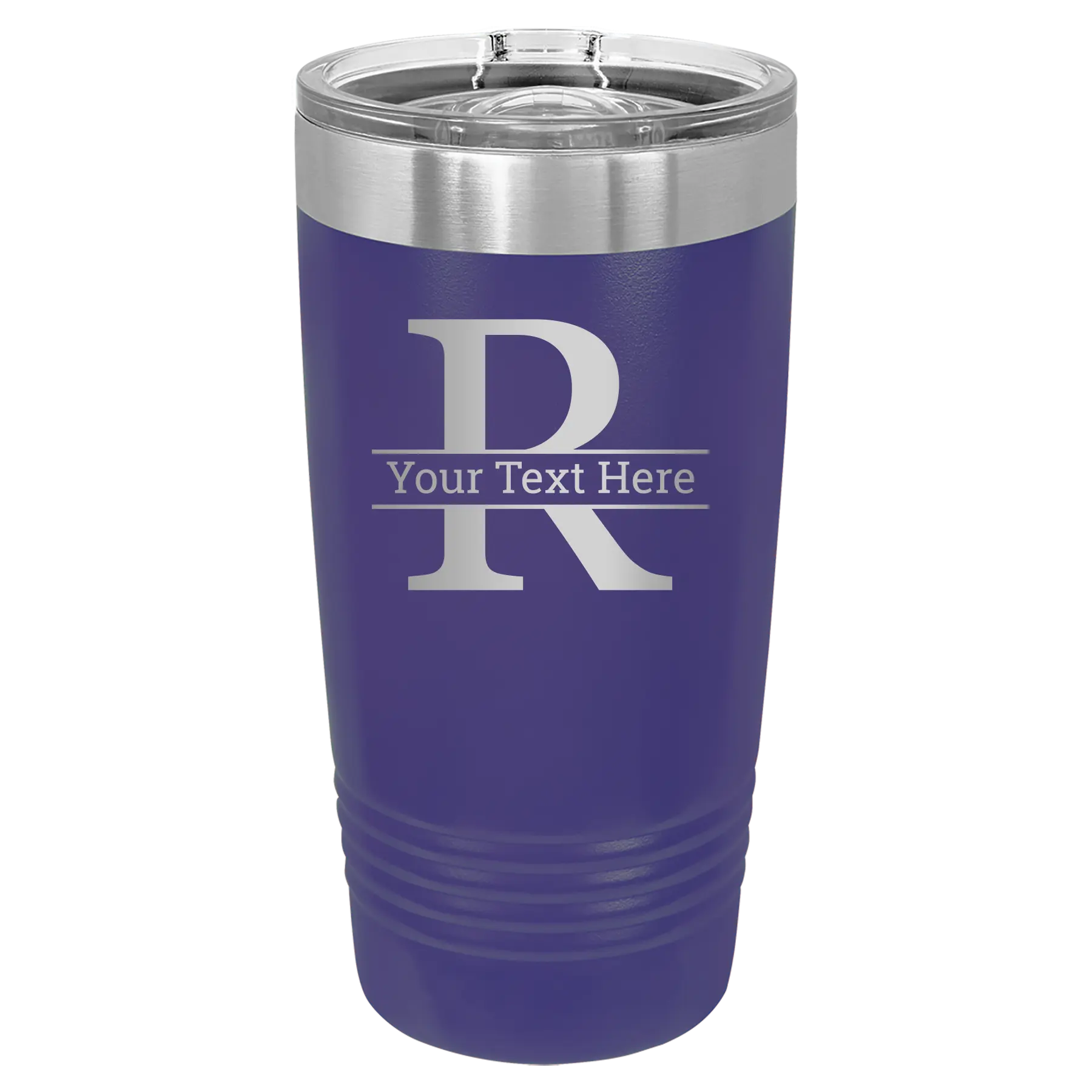 Personalized purple 20 oz vacuum insulated tumbler with 'Monogram letter R' design