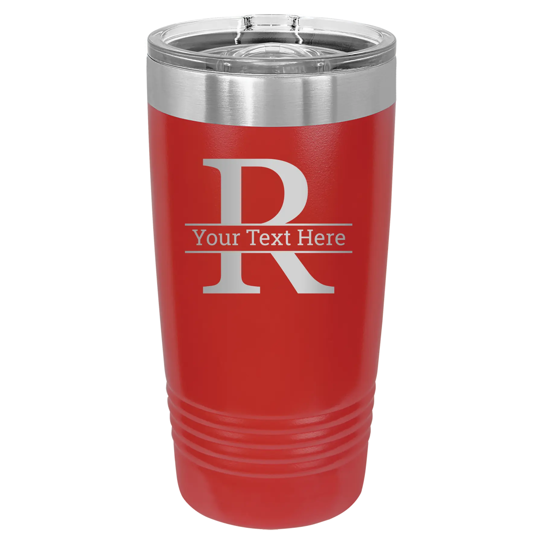Personalized red 20 oz vacuum insulated tumbler with 'Monogram letter R' design