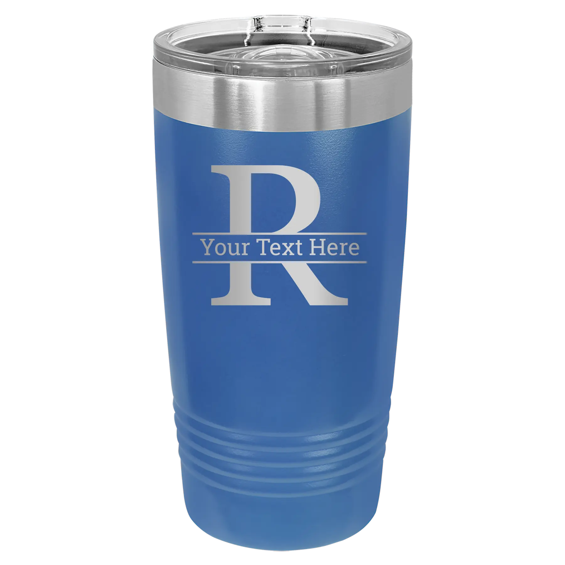 Personalized royal blue 20 oz vacuum insulated tumbler with 'Monogram letter R' design