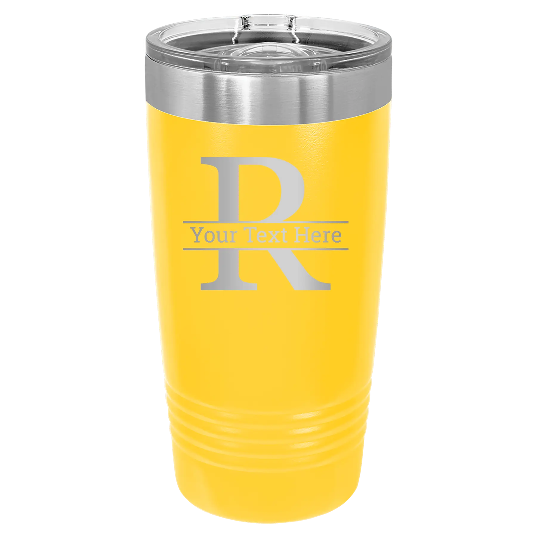 Personalized yellow 20 oz vacuum insulated tumbler with 'Monogram letter R' design