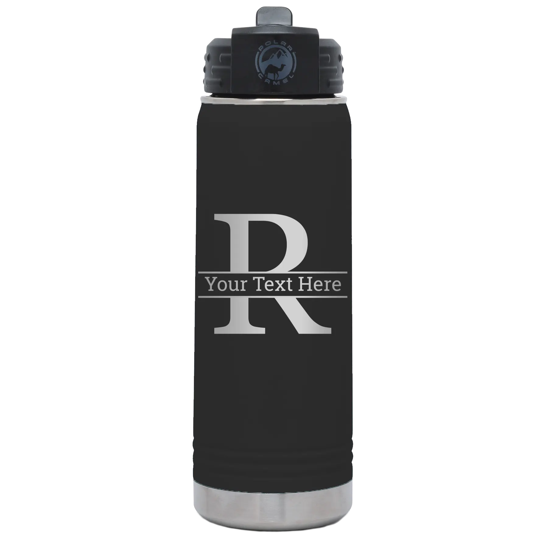 Personalized black 20 oz vacuum insulated water bottle with 'Monogram letter R' design