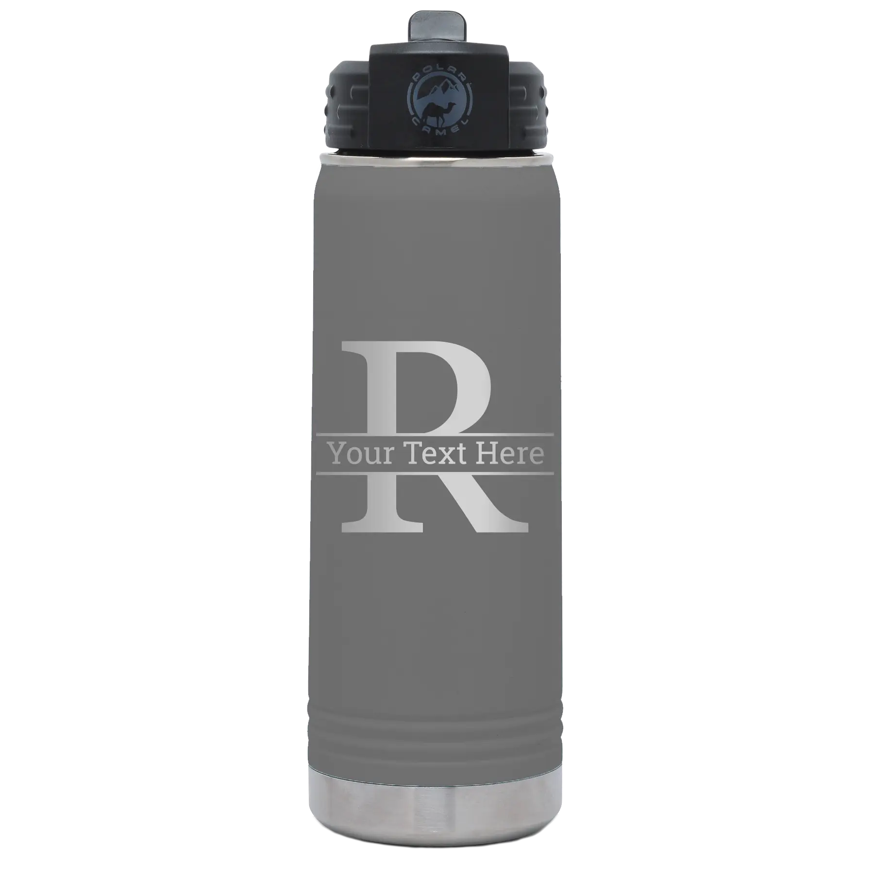 Personalized dark gray 20 oz vacuum insulated water bottle with 'Monogram letter R' design