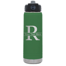 Personalized green 20 oz vacuum insulated water bottle with 'Monogram letter R' design