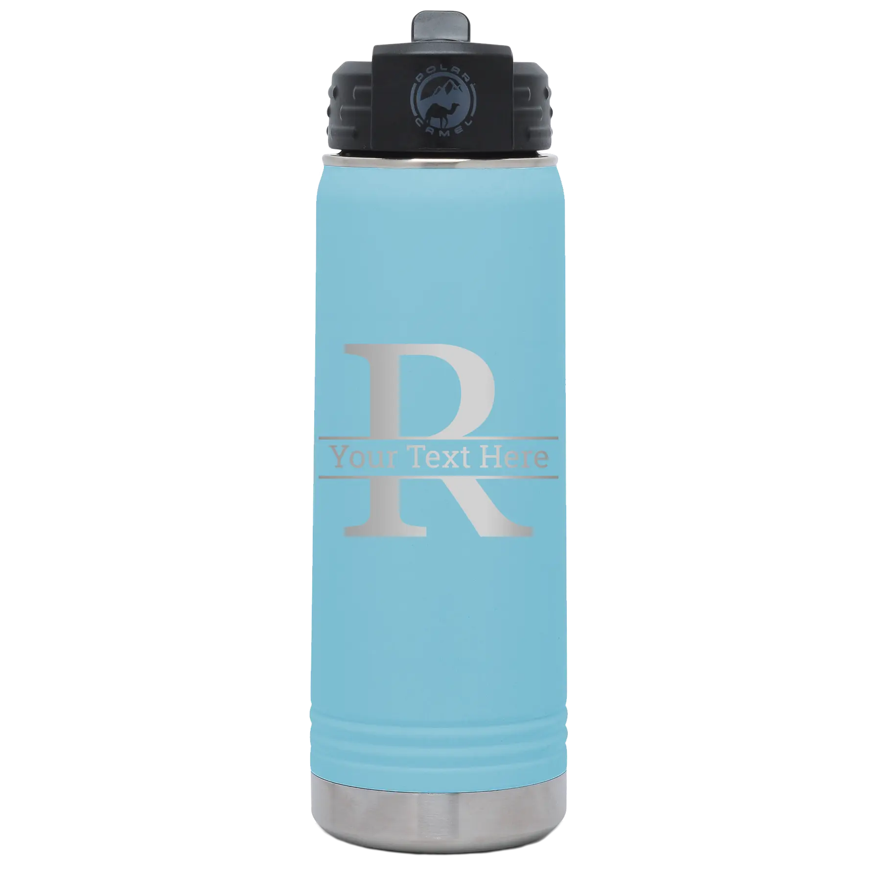 Personalized light blue 20 oz vacuum insulated water bottle with 'Monogram letter R' design