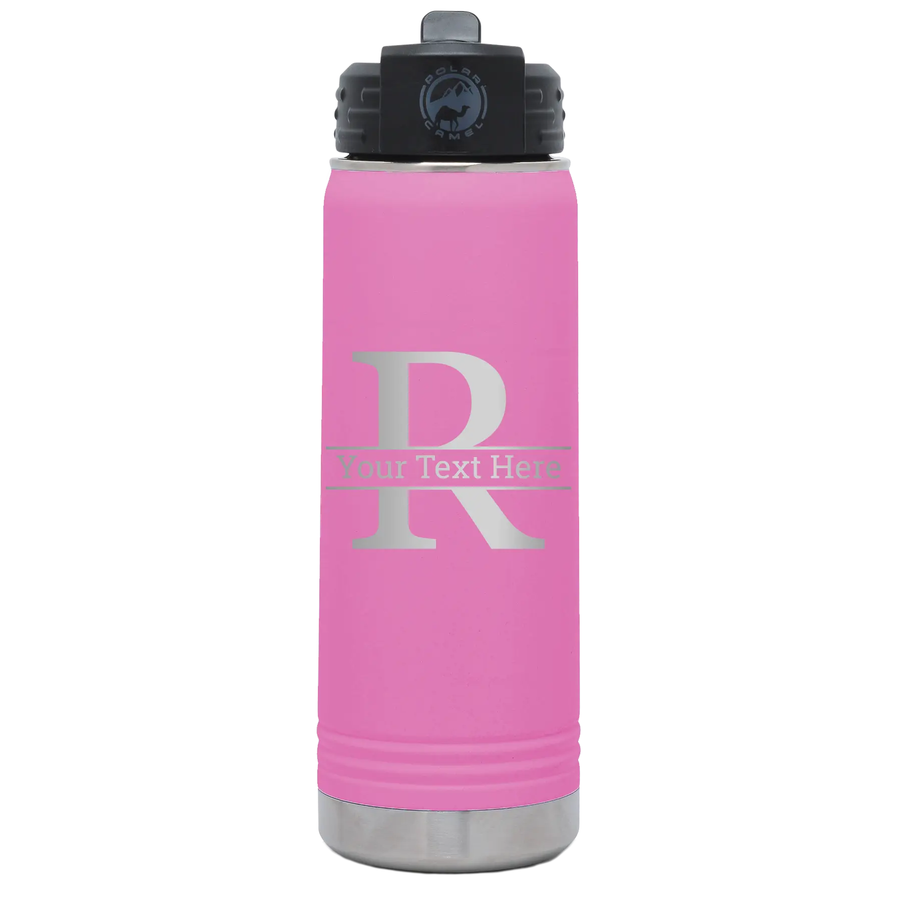 Personalized light purple 20 oz vacuum insulated water bottle with 'Monogram letter R' design