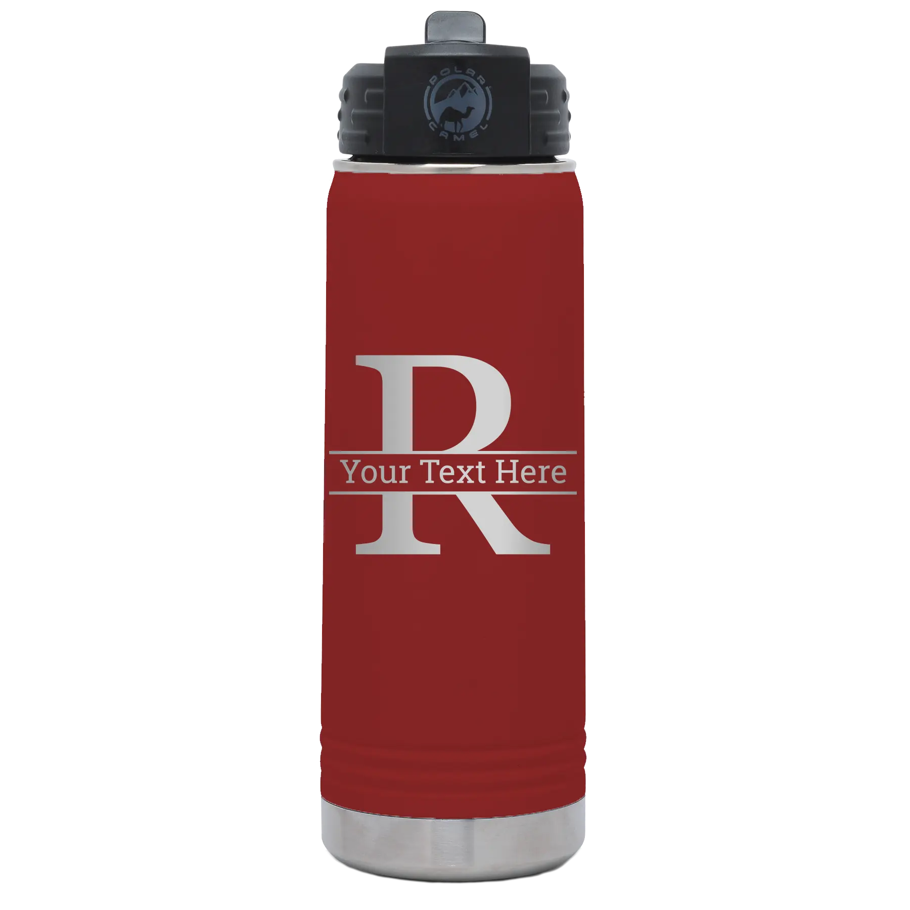Personalized maroon 20 oz vacuum insulated water bottle with 'Monogram letter R' design