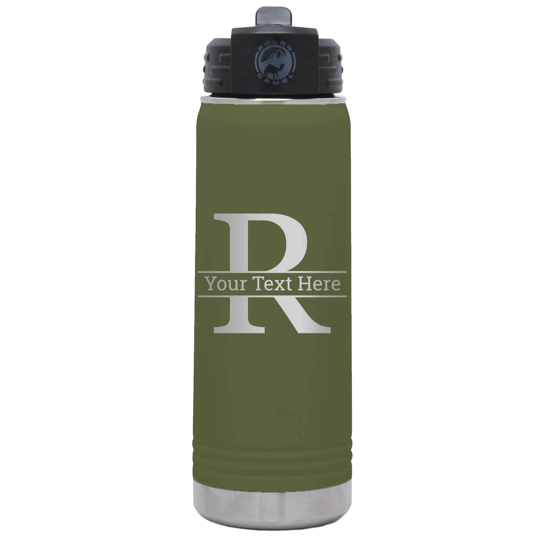 Personalized olive green 20 oz vacuum insulated water bottle with 'Monogram letter R' design