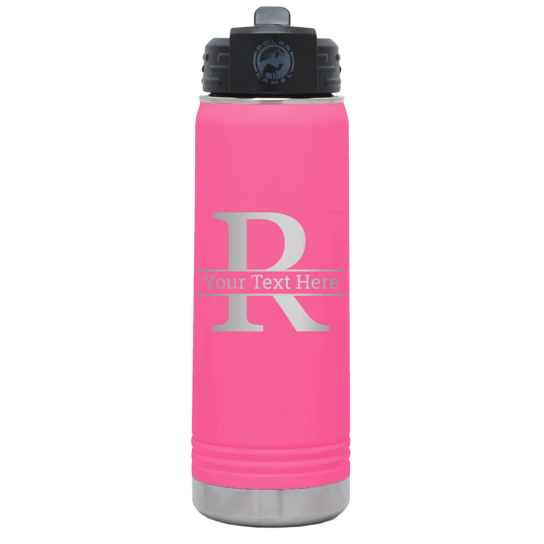 Personalized pink 20 oz vacuum insulated water bottle with 'Monogram letter R' design