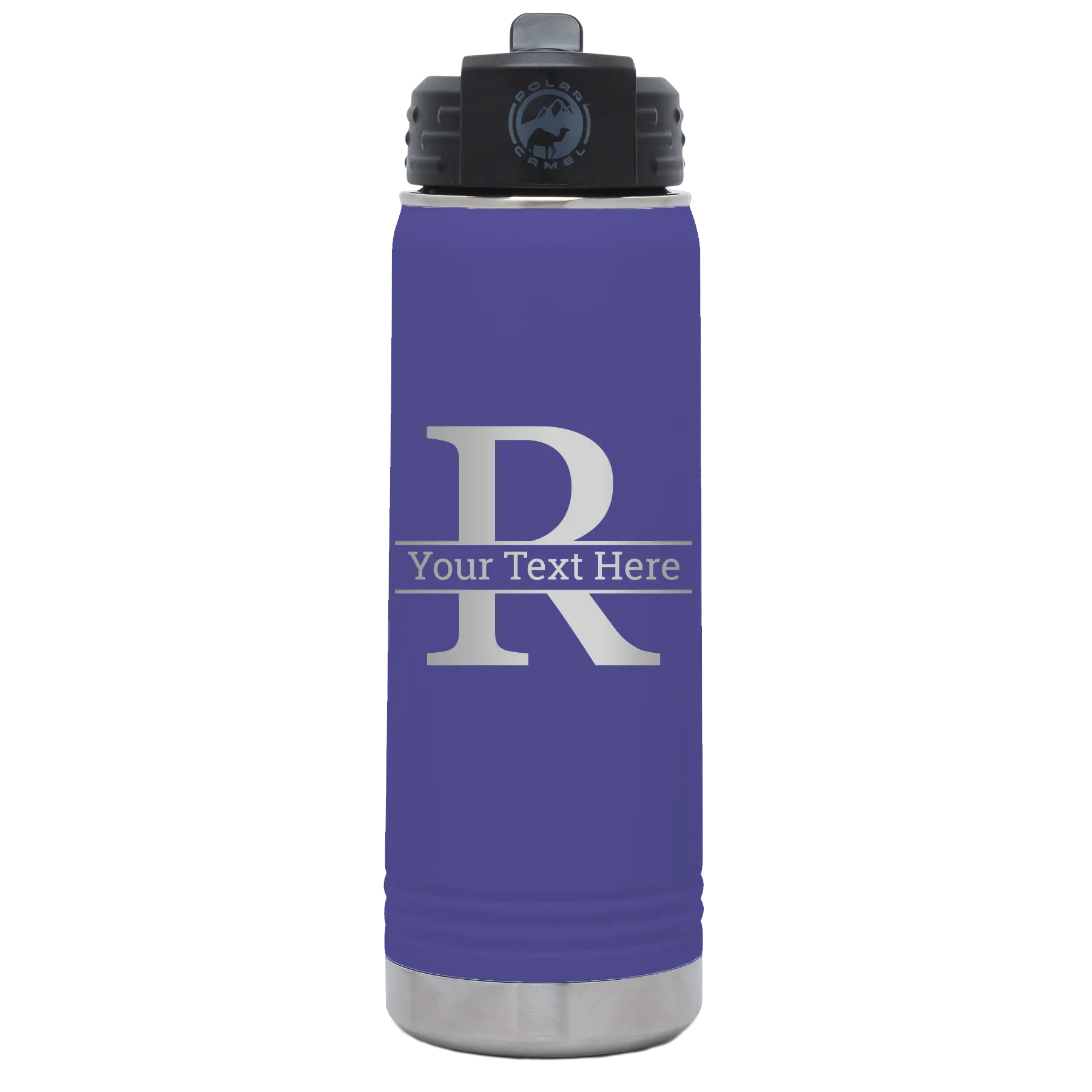 Personalized purple 20 oz vacuum insulated water bottle with 'Monogram letter R' design