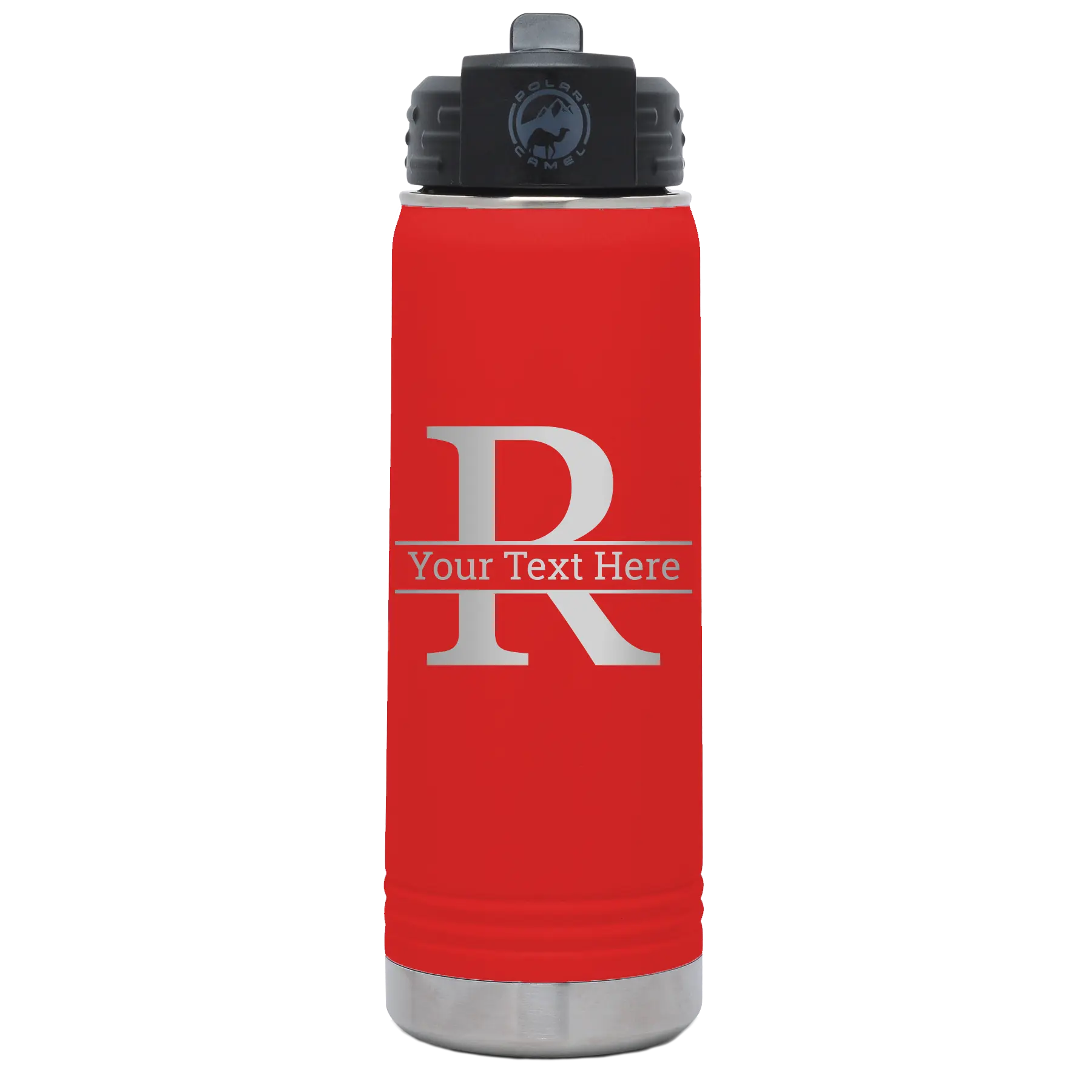 Personalized red 20 oz vacuum insulated water bottle with 'Monogram letter R' design