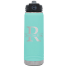 Personalized teal 20 oz vacuum insulated water bottle with 'Monogram letter R' design