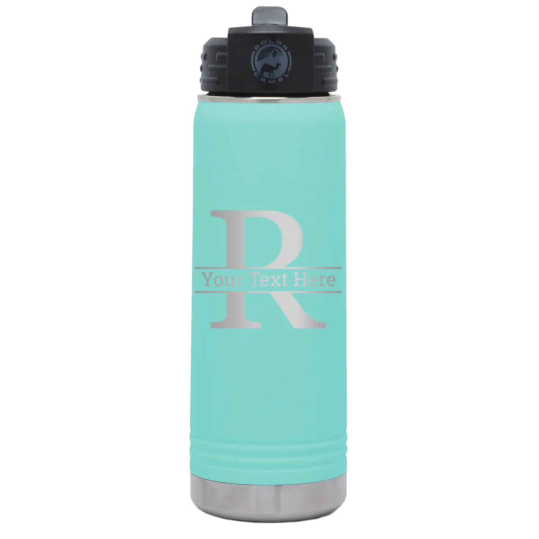 Personalized teal 20 oz vacuum insulated water bottle with 'Monogram letter R' design