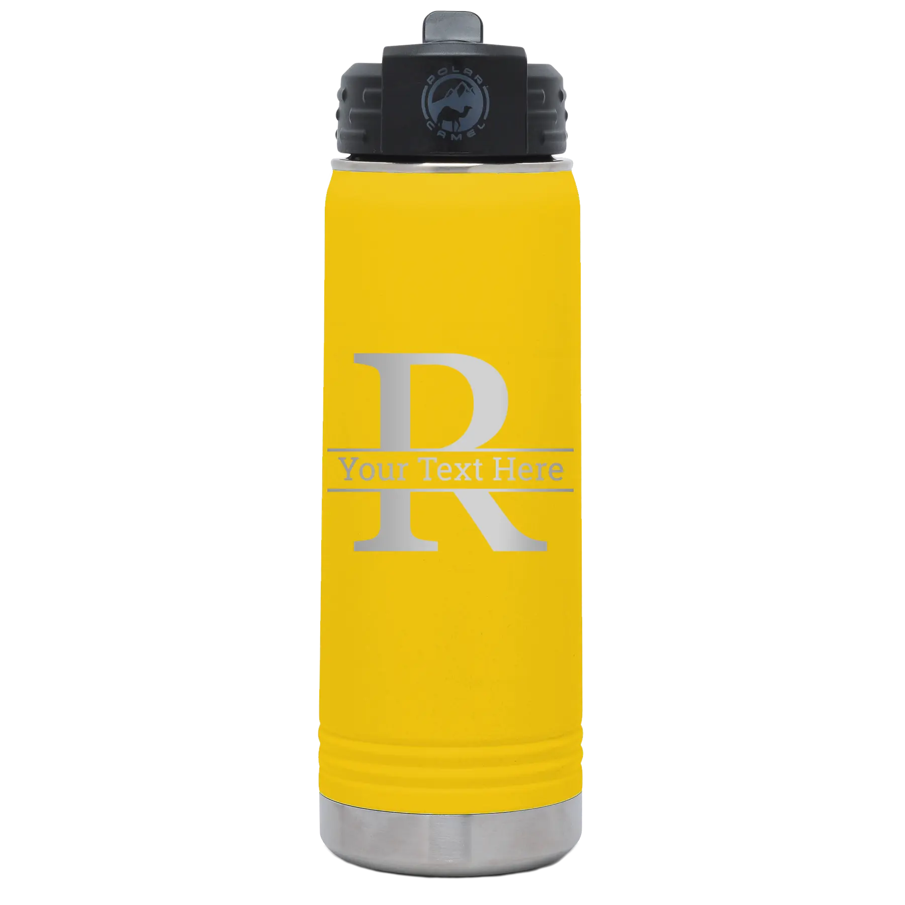 Personalized yellow 20 oz vacuum insulated water bottle with 'Monogram letter R' design