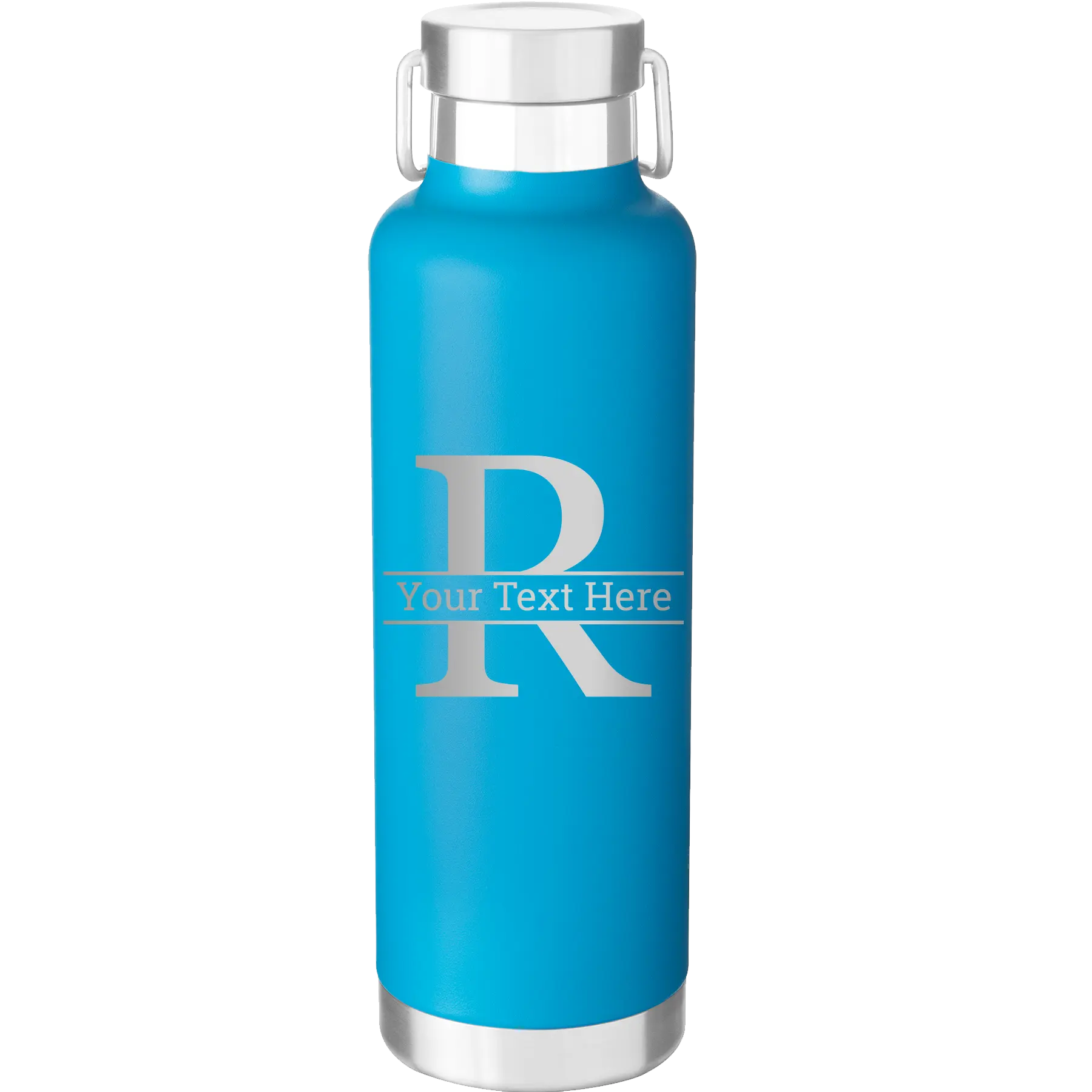 Personalized aqua 24 oz vacuum insulated water bottle with 'Monogram letter R' design