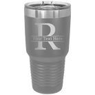 Personalized dark gray 30 oz vacuum insulated tumbler with 'Monogram letter R' design