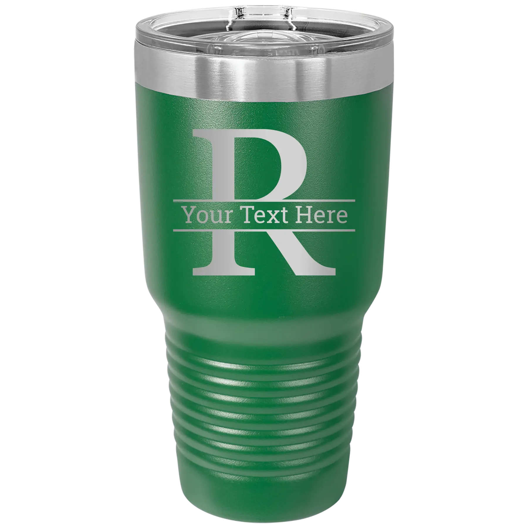 Personalized green 30 oz vacuum insulated tumbler with 'Monogram letter R' design