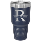 Personalized navy 30 oz vacuum insulated tumbler with 'Monogram letter R' design