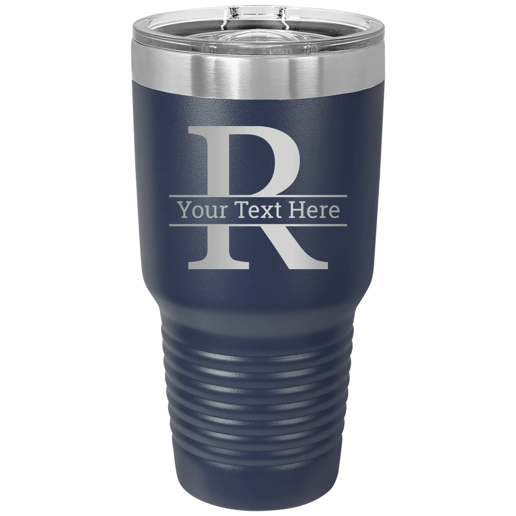 Personalized navy 30 oz vacuum insulated tumbler with 'Monogram letter R' design