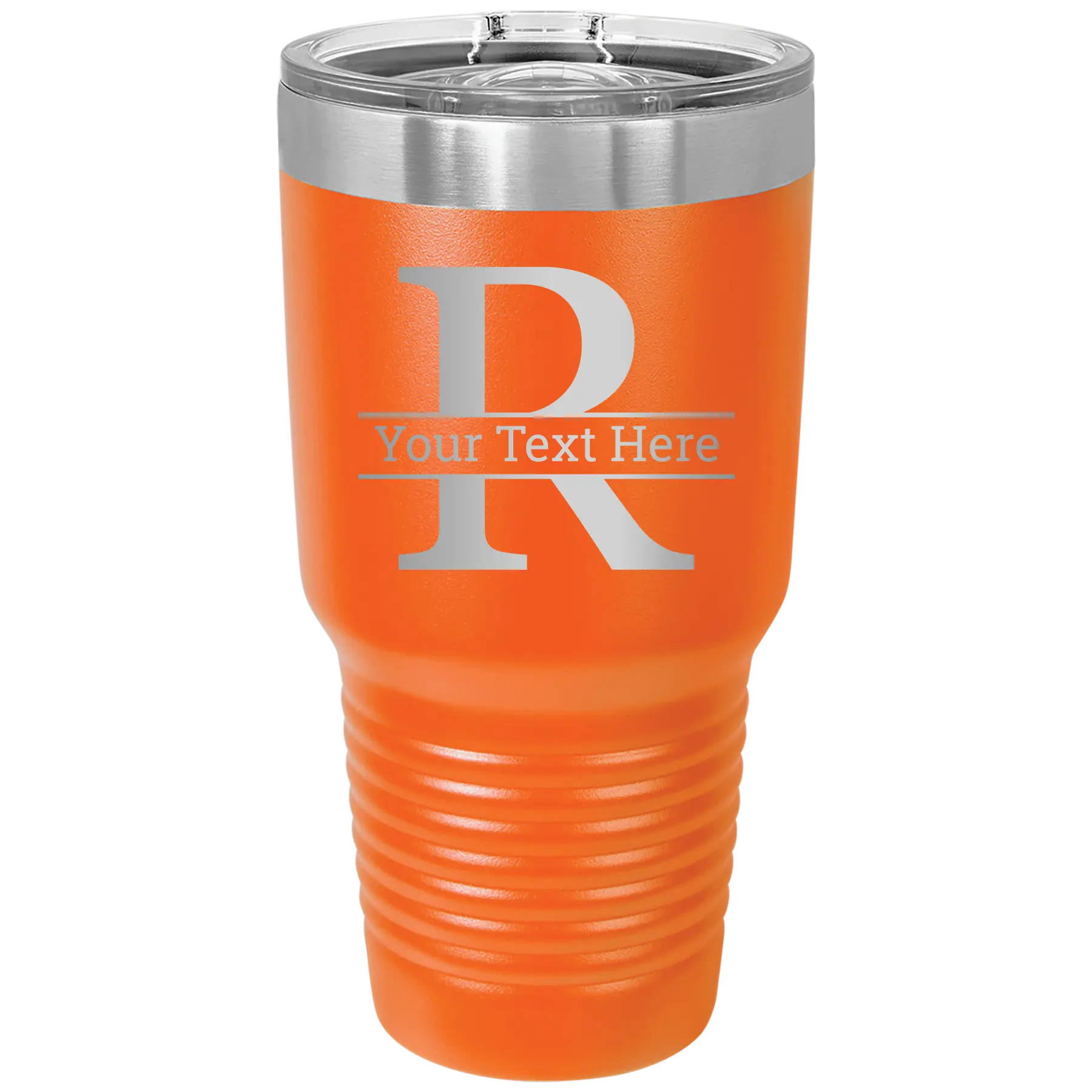 Personalized orange 30 oz vacuum insulated tumbler with 'Monogram letter R' design