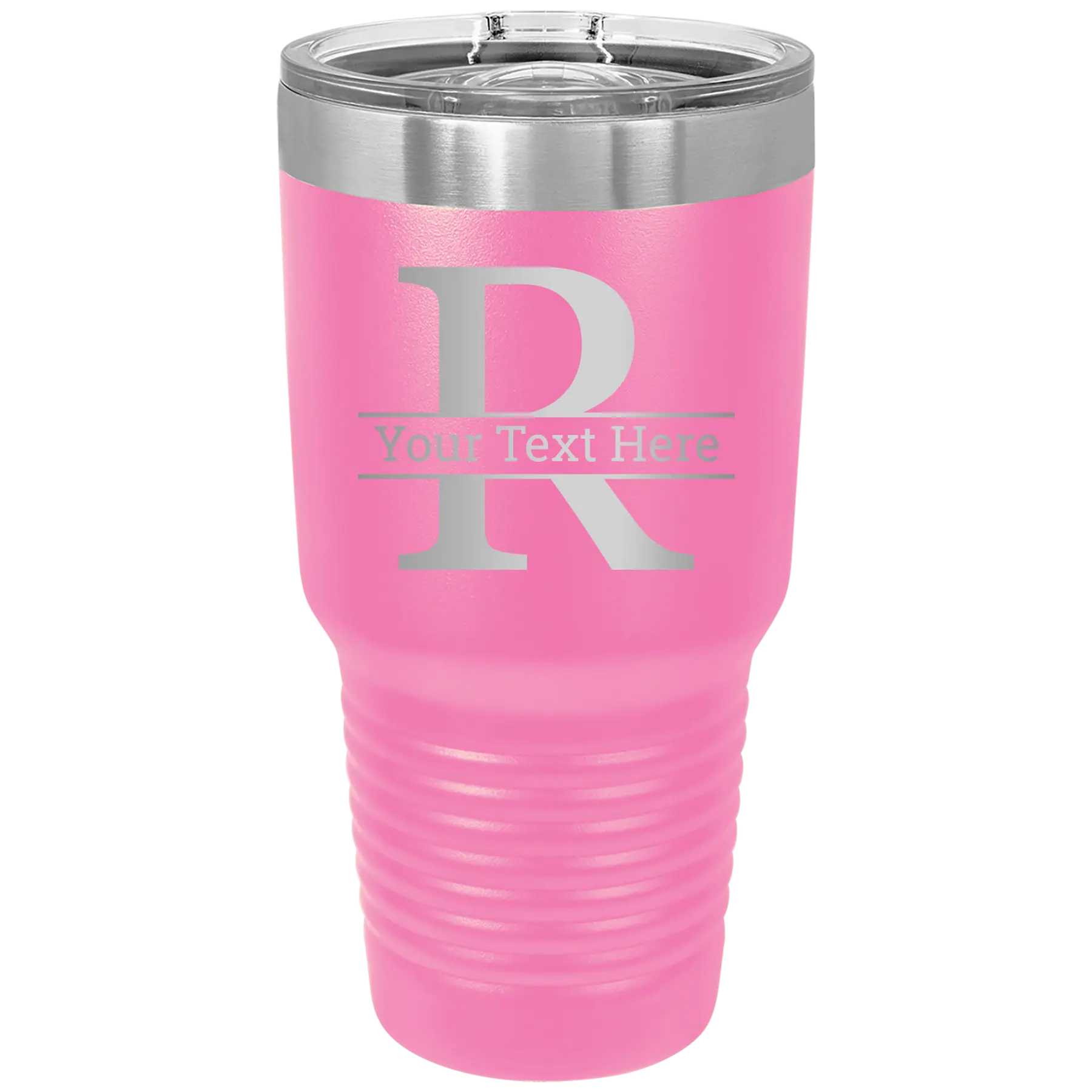 Personalized pink 30 oz vacuum insulated tumbler with 'Monogram letter R' design