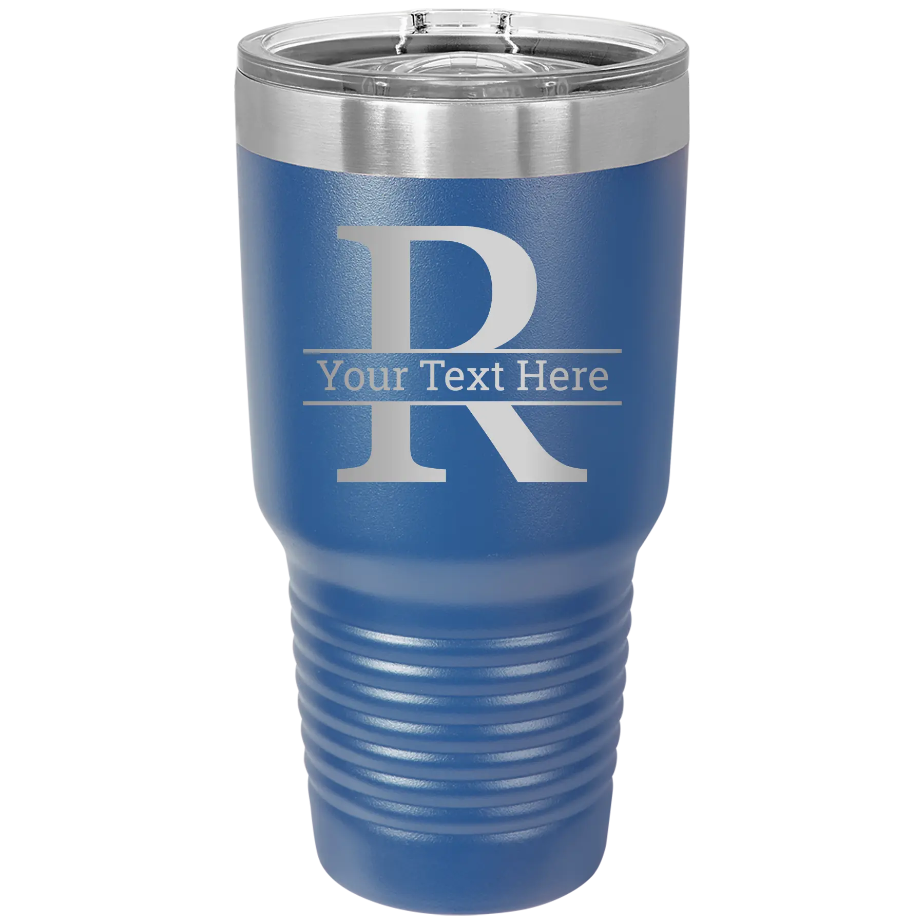 Personalized royal blue 30 oz vacuum insulated tumbler with 'Monogram letter R' design