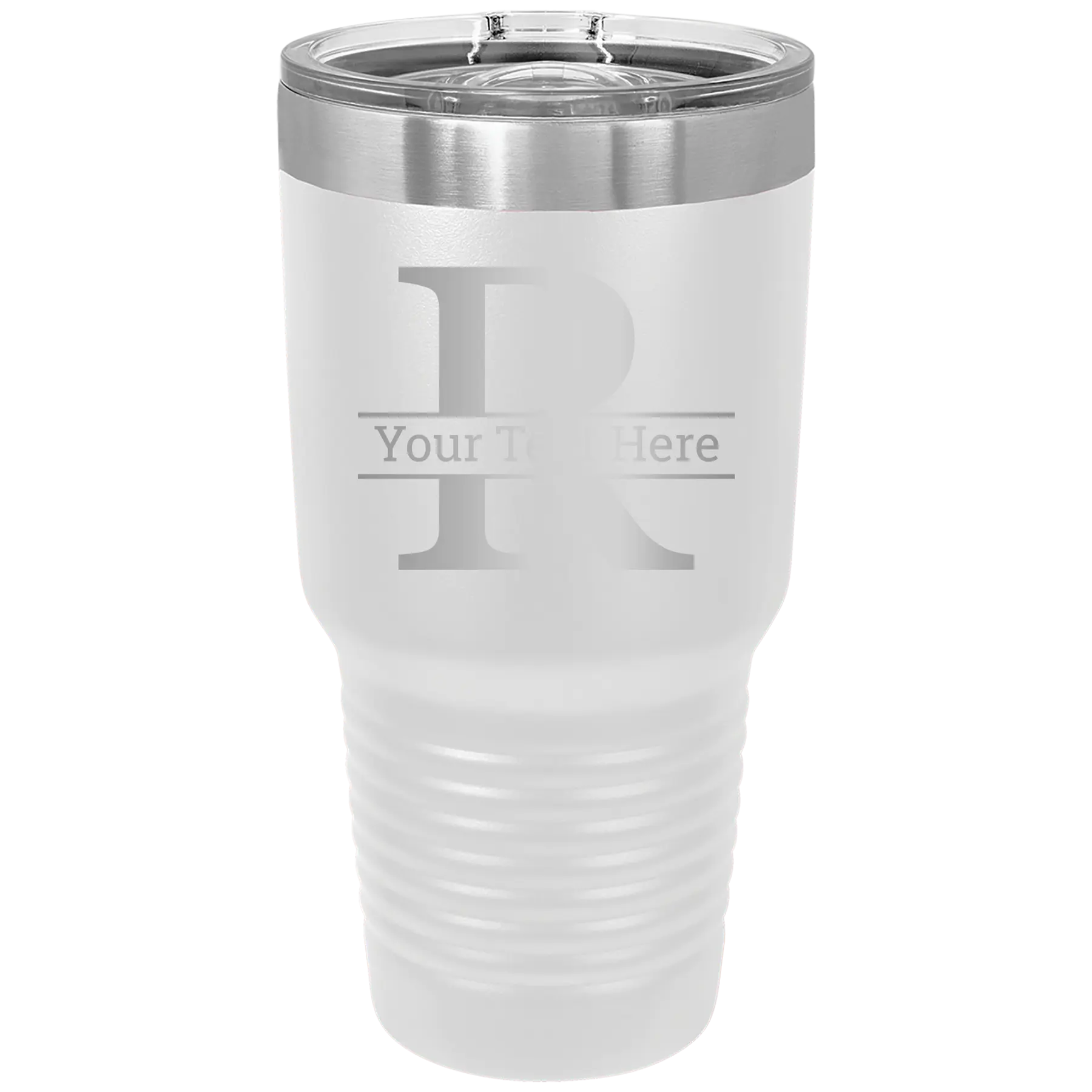 Personalized white 30 oz vacuum insulated tumbler with 'Monogram letter R' design