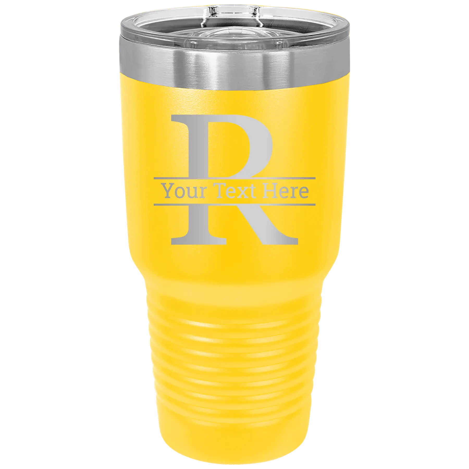 Personalized yellow 30 oz vacuum insulated tumbler with 'Monogram letter R' design