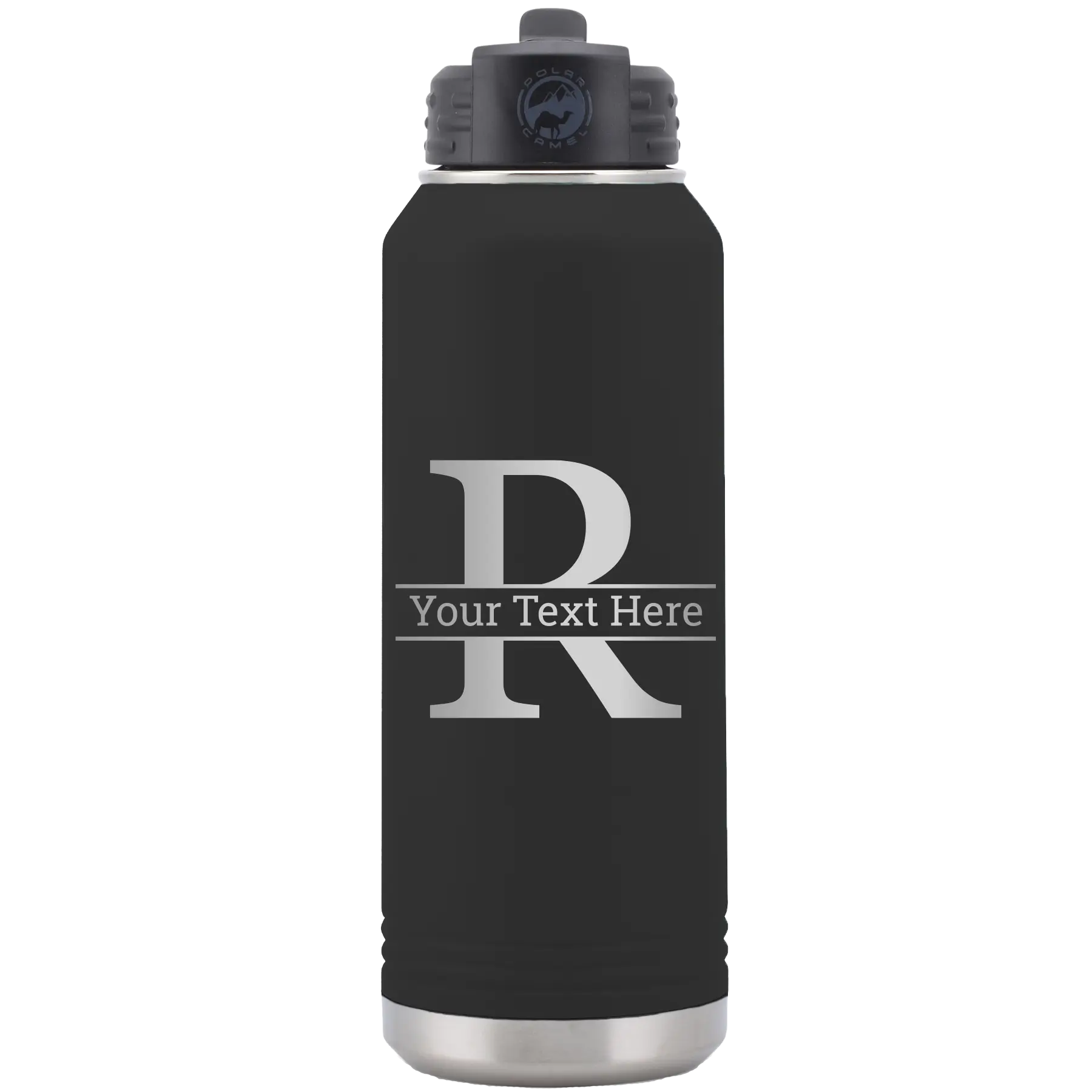 Personalized black 32 oz vacuum insulated water bottle with 'Monogram letter R' design