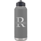 Personalized dark gray 32 oz vacuum insulated water bottle with 'Monogram letter R' design