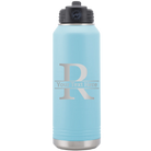 Personalized light blue 32 oz vacuum insulated water bottle with 'Monogram letter R' design